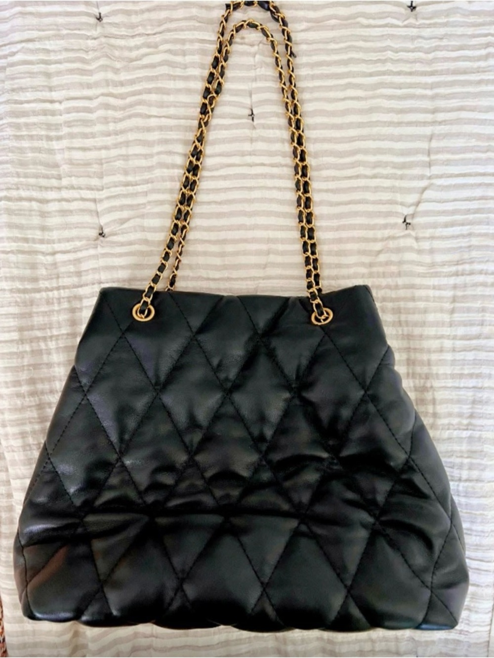 Quilted Black Leather Tote with Gold Chain Straps